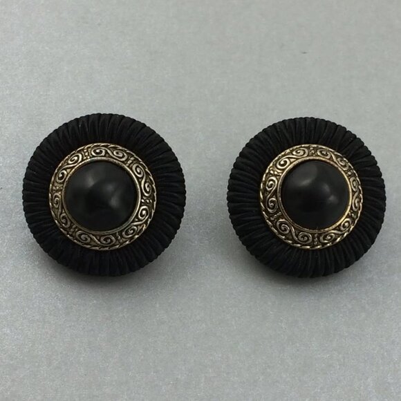 Large Vintage 80s Domed Clip-On Earrings Black Silver Metal Fabric 1980s Round - Picture 1 of 9